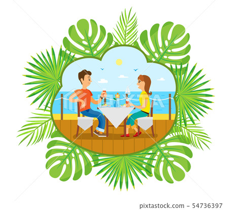 People Couple Dining in Restaurant by Seaside 54736397