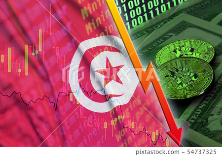 Tunisia flag and cryptocurrency falling trend with 54737325