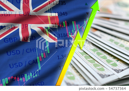 New Zealand flag and chart growing US dollar New Zealand flag and chart growing US dollar 54737364
