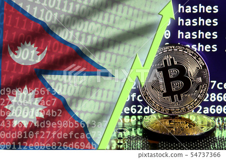 Nepal flag and rising green arrow on bitcoin Nepal flag and rising green arrow on bitcoin 54737366