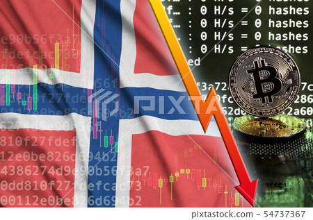 Norway flag and falling red arrow on bitcoin 54737367