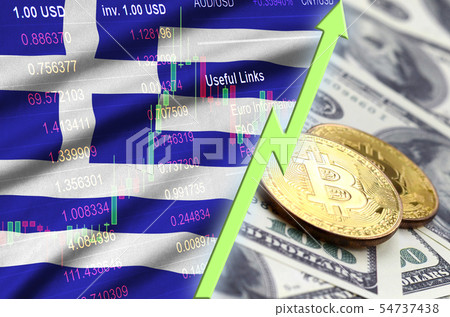 Greece flag and cryptocurrency growing trend with Greece flag and cryptocurrency growing trend with 54737438