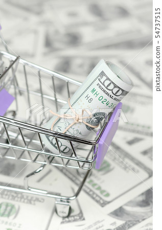 Small shopping trolley with dollars banknotes. Small shopping trolley with dollars banknotes. 54737515