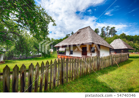 View of traditional romanian peasant houses in 54740346