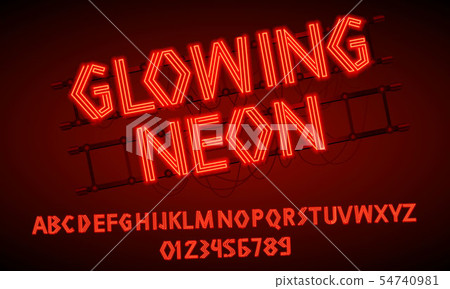 80 s red neon retro font. Futuristic script, chrome letters. Bright print Alphabet on dark 54740981