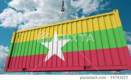 Cargo container with flag of Myanmar. Myanma import or export related conceptual 3D rendering 54741073