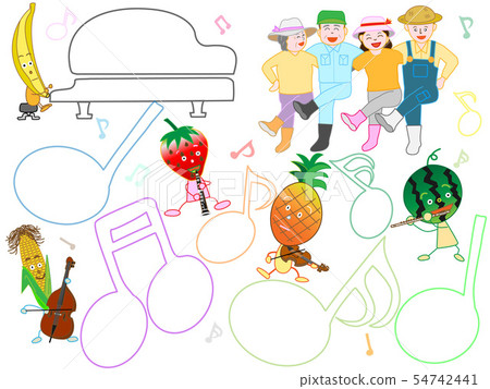 Title frame for agriculture. Vegetables and fruits play musical instruments to celebrate the harvest, and farmers are dancing with joy. Title frame for agriculture. Vegetables and fruits play musical instruments to celebrate the harvest, and farmers are dancing with joy. 54742441