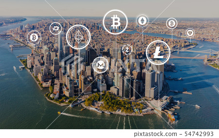 Cryptocurrency theme with aerial view of Manhattan 54742993