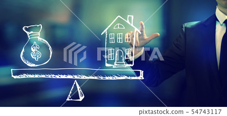 House and money on the scale with a businessman House and money on the scale with a businessman 54743117
