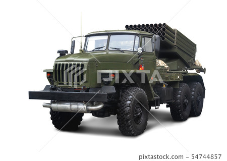 Soviet Multiple Rocket Launcher BM-21 Grad 122 mm mounted on chassis of truck Ural-375D. Isolated on Soviet Multiple Rocket Launcher BM-21 Grad 122 mm mounted on chassis of truck Ural-375D. Isolated on 54744857