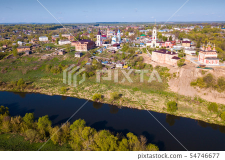 Panoramic aerial view of district of Belev on riverside, Tula region Panoramic aerial view of district of Belev on riverside, Tula region 54746677