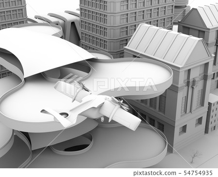 Clay rendering image of a flying taxi taking off from the helipad. Short distance ride share concept 54754935