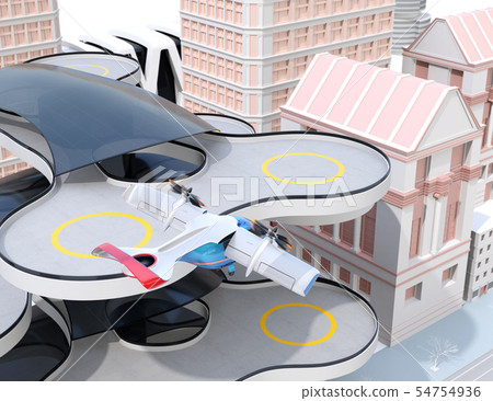 Image of a flying taxi taking off from the heliport. Short distance ride share concept 54754936