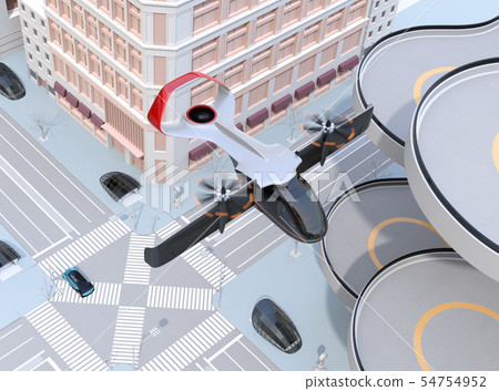 通過從直升機場的邊的飛行出租汽車的圖像。短途乘車共享概念 54754952