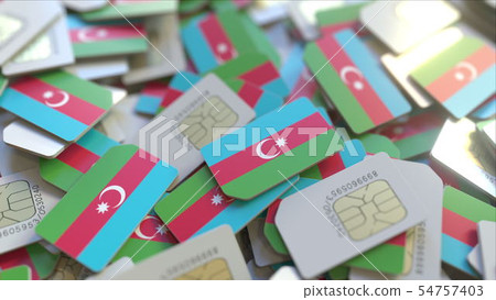 Many SIM cards with flag of Azerbaijan. Azerbaijani mobile telecommunications related 3D rendering 54757403