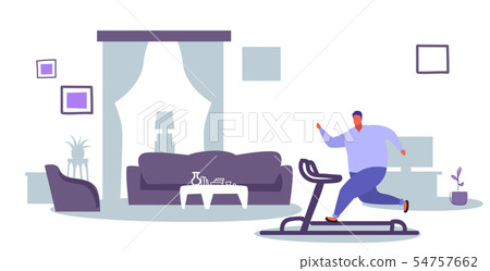 fat obese man running on treadmill oversize fatty guy weight loss home sport concept male cartoon 54757662