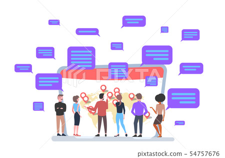 businesspeople looking at laptop screen with world map location geo tags online messaging app businesspeople looking at laptop screen with world map location geo tags online messaging app 54757676