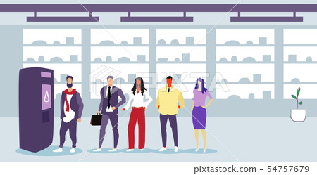 businesspeople standing line queue at self service vending machine men women ordering beverages businesspeople standing line queue at self service vending machine men women ordering beverages 54757679