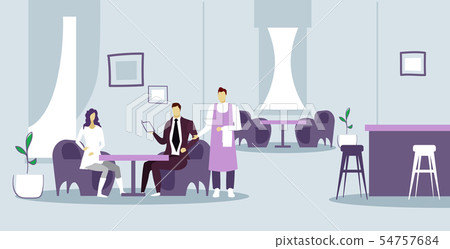 couple cafe visitors sitting at restaurant man woman giving order to male waiter hospitality and 54757684