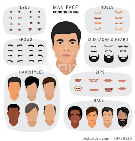 Man face constructor male character avatar creation head skin nose eyes with mustache and beard 54759120