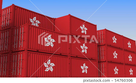 Container terminal full of containers with flag of Hong Kong. Export or import related 3D rendering 54760306