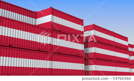 Container yard full of containers with flag of Austria. Austrian export or import related 3D Container yard full of containers with flag of Austria. Austrian export or import related 3D 54760360