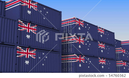 Container yard full of containers with flag of Australia. Australian export or import related 3D Container yard full of containers with flag of Australia. Australian export or import related 3D 54760362