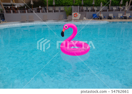 Inflatable pink flamingo in swimming pool. Summer vacation. Inflatable pink flamingo in swimming pool. Summer vacation. 54762661