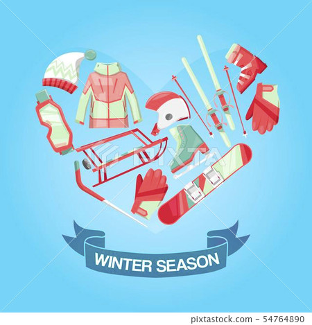 Winter season banner vector illustration. Equipment for winter sport such as sledge, snowboard 54764890