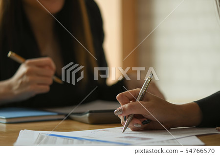 Female accountant team is analyzing the data. 54766570