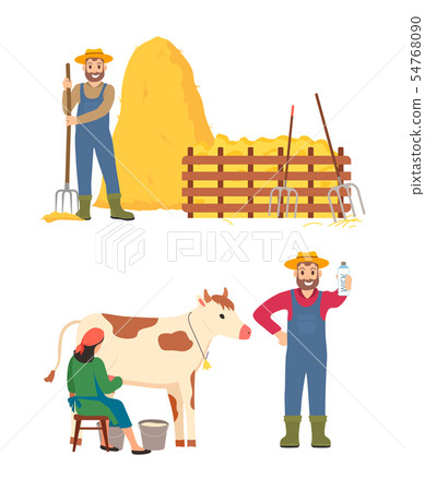 Farmers at Farm Milkmaid and Farming Man with Tool 54768090