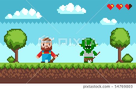 Pixel Game Characters, Viking and Troll Fight Pixel Game Characters, Viking and Troll Fight 54769803