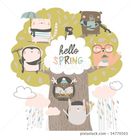 Cute animals sit on spring tree on white background 54770503