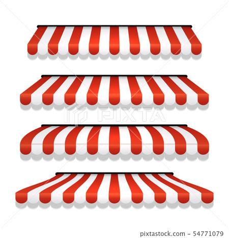 Store awning shop canopy. Store tent red striped roof front view. Restaurant, grocery or cafe awning Store awning shop canopy. Store tent red striped roof front view. Restaurant, grocery or cafe awning 54771079