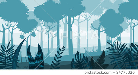 Forest silhouette wood trees, flora bushes and thickets panorama background. Nature and environment Forest silhouette wood trees, flora bushes and thickets panorama background. Nature and environment 54773326