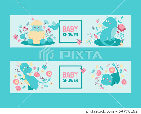 Dinosaurs baby shower boy or girl vector invitation. Cute baby dino dinosaurs egg and dragons 54778162