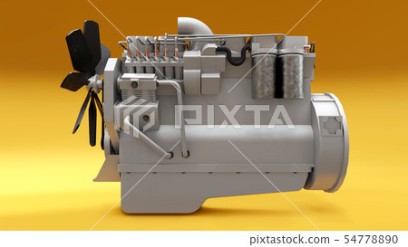 A big diesel engine with the truck depicted. 3d rendering. A big diesel engine with the truck depicted. 3d rendering. 54778890