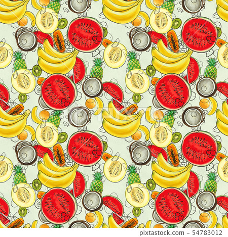 Hand drawn pattern with bananas, coconuts, pineapples. Seamless summer background. 54783012