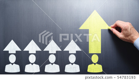 Image of leadership skills. Male hand drawing person and arrow on blackboard. 54783193