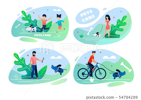 Pets Care Cartoon People and Domestic Animals Set 54784289