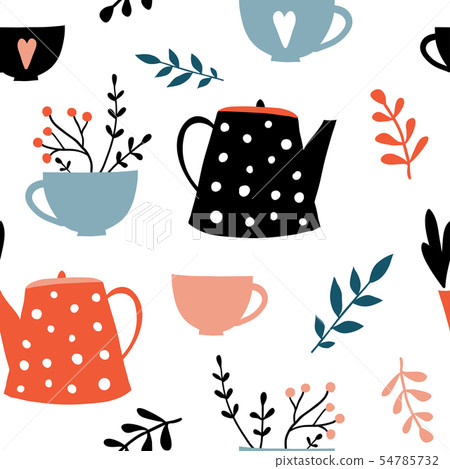 Cute kettle and cup seamless pattern 54785732