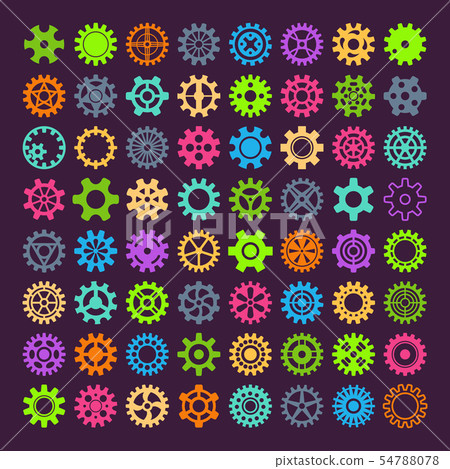 Gear mechanism icons isolated illustration. Mechanics web development shape work cog multicolor gear Gear mechanism icons isolated illustration. Mechanics web development shape work cog multicolor gear 54788078