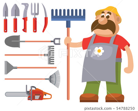 Garden equipment flat set gardener character with rake illustration agriculture farming tools Garden equipment flat set gardener character with rake illustration agriculture farming tools 54788250