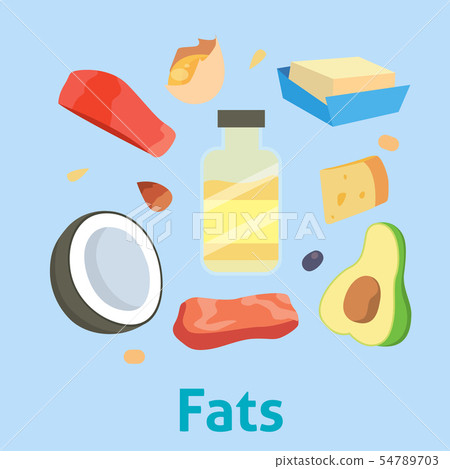 Fat food healthy diet oil avocado or fatty fish and nuts with natural omega 3 illustration set Fat food healthy diet oil avocado or fatty fish and nuts with natural omega 3 illustration set 54789703