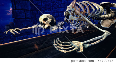 Human skeleton in medieval dungeon 3d rendering Human skeleton in medieval dungeon 3d rendering 54799742