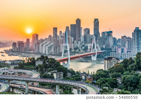 View of the Chongqing city skyline during sunset 54800550