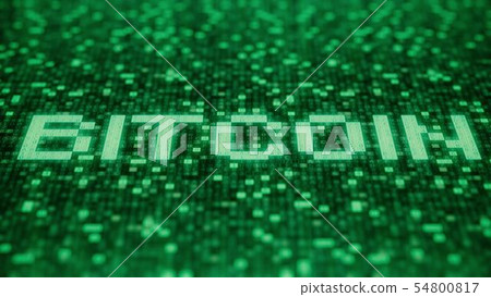 Flashing hexadecimal symbols on a green computer screen compose BITCOIN word. 3D rendering 54800817