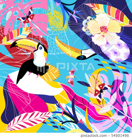 Vector tropical background with leaf and toucans 54801498