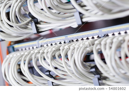 Gigabit network switch and perfect aligned patch cables in datacenter Gigabit network switch and perfect aligned patch cables in datacenter 54801602