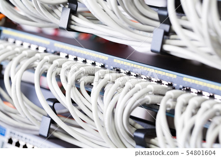 Gigabit network switch and perfect aligned patch cables in datacenter Gigabit network switch and perfect aligned patch cables in datacenter 54801604